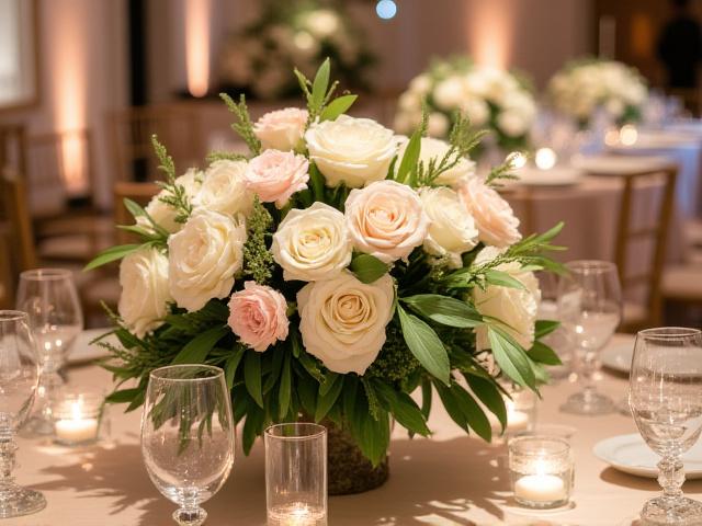 Elegant floral arrangements at a wedding reception, showcasing event flower planning.